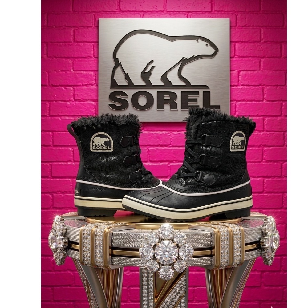 🔥Sorel Tivoli‎ 🖤🩷🖤Waterproof 200g Insulated Winter Boots Black Suede& Fur 7